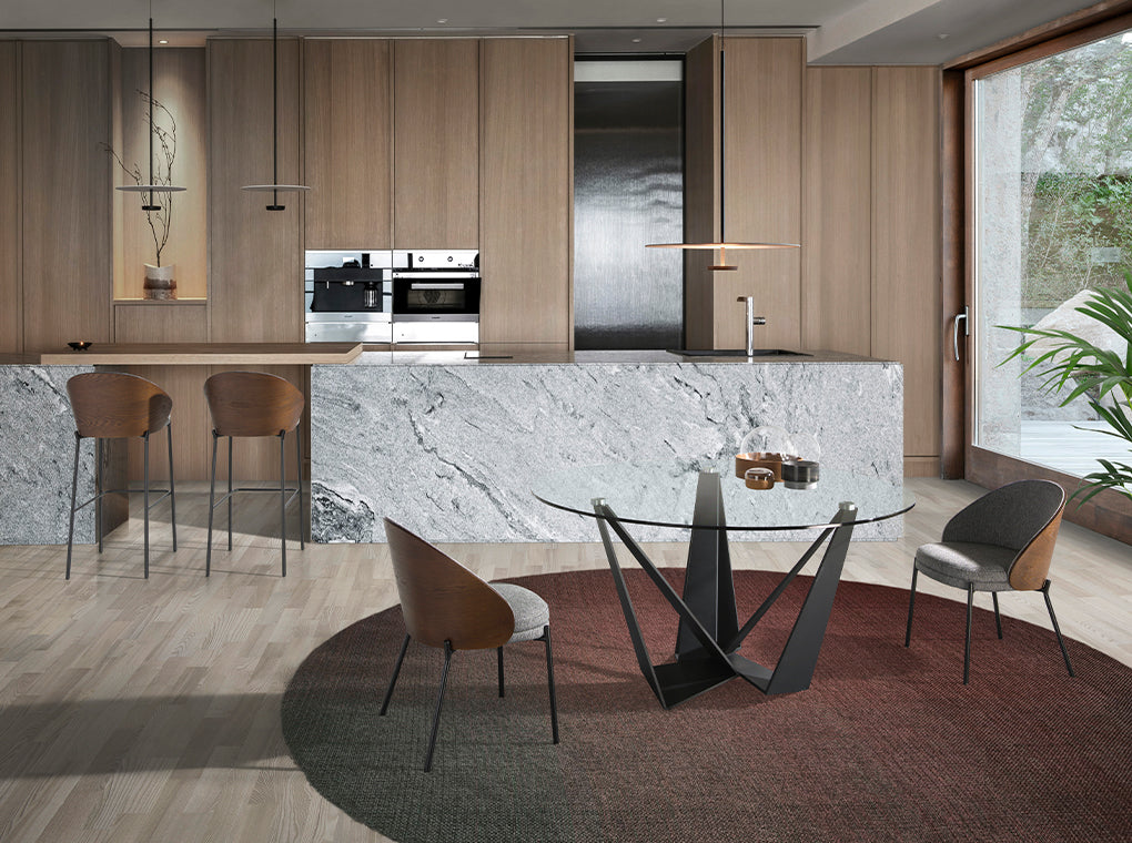 Masa de Dining Rotunda cu Blat din Sticla si Suport din Otel Inoxidabil Angel Cerda