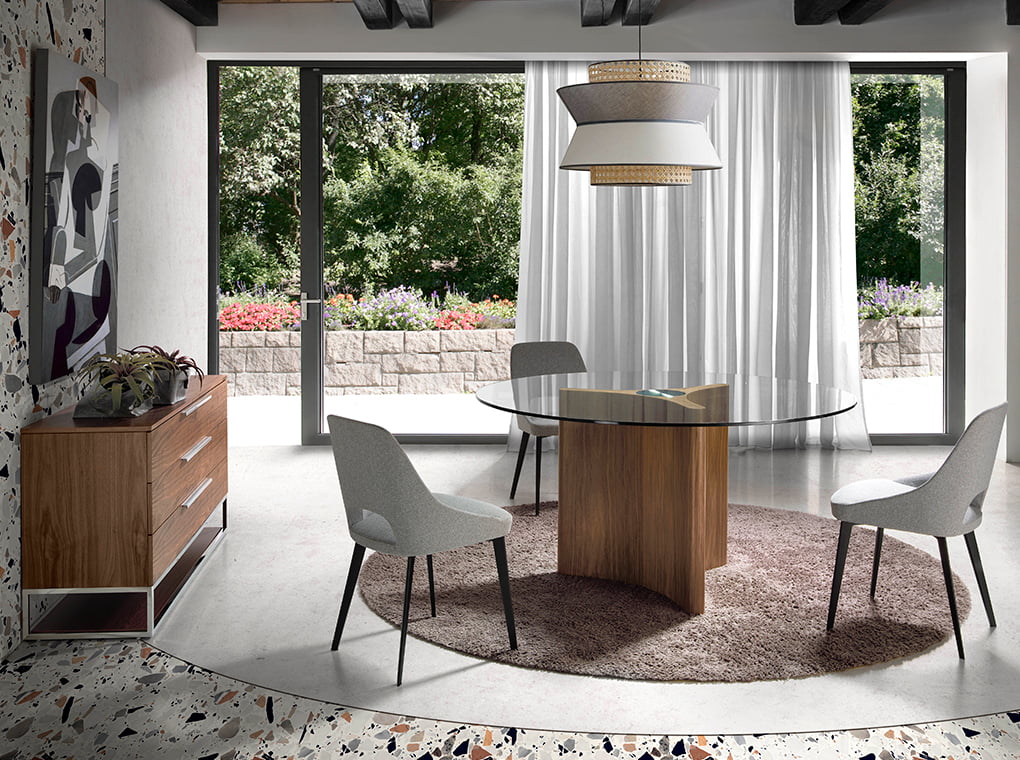 Masa de Dining Rotunda din Sticla Securizata si Lemn de Pin Angel Cerda