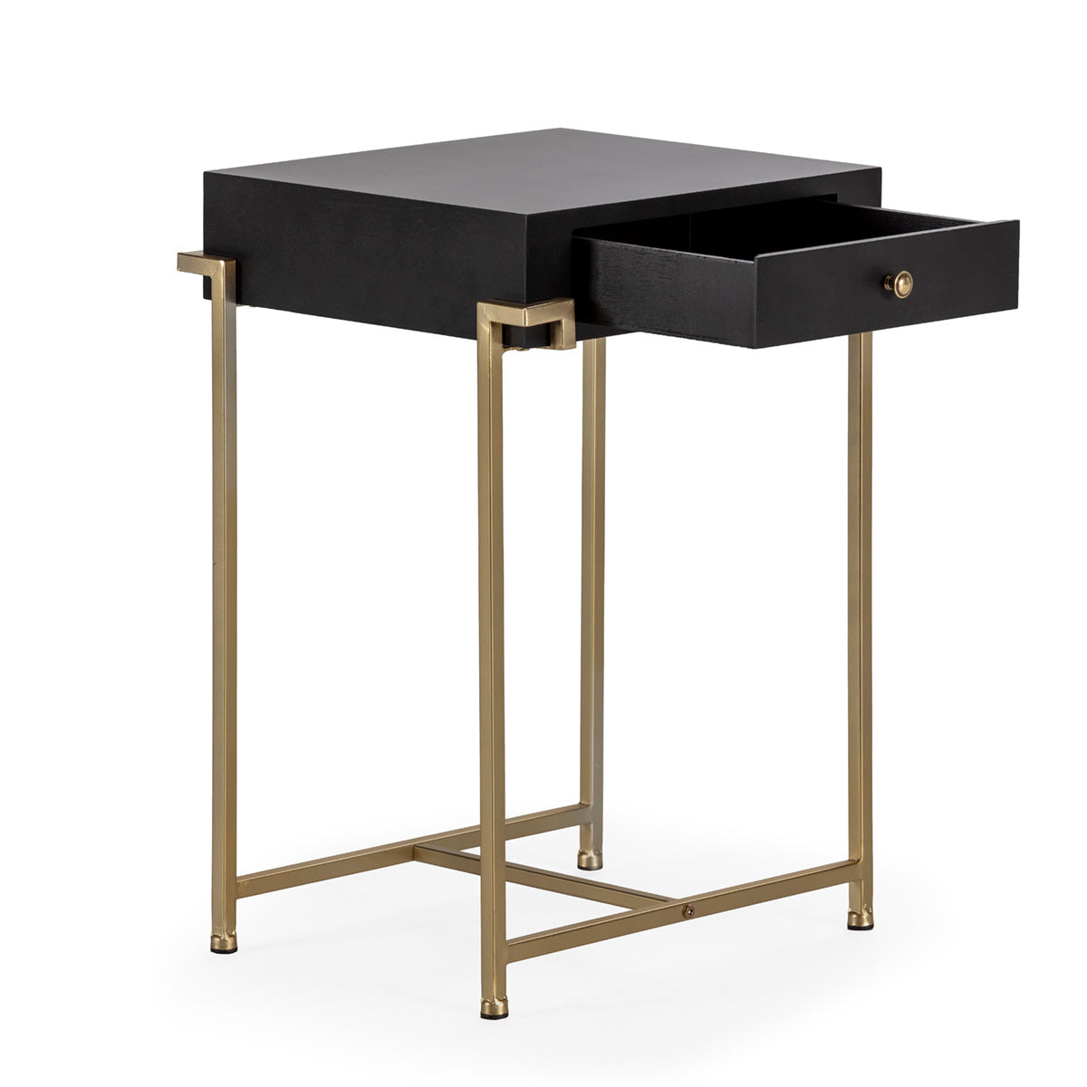 Noptiera Metal Lemn de Pin Auriu Negru cu Sertar Thai Natura