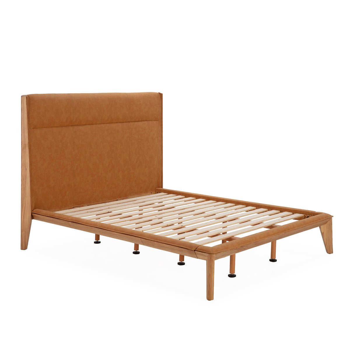 Pat din Lemn Natural cu Piele Ecologica Camel 178x208 Thai Natura