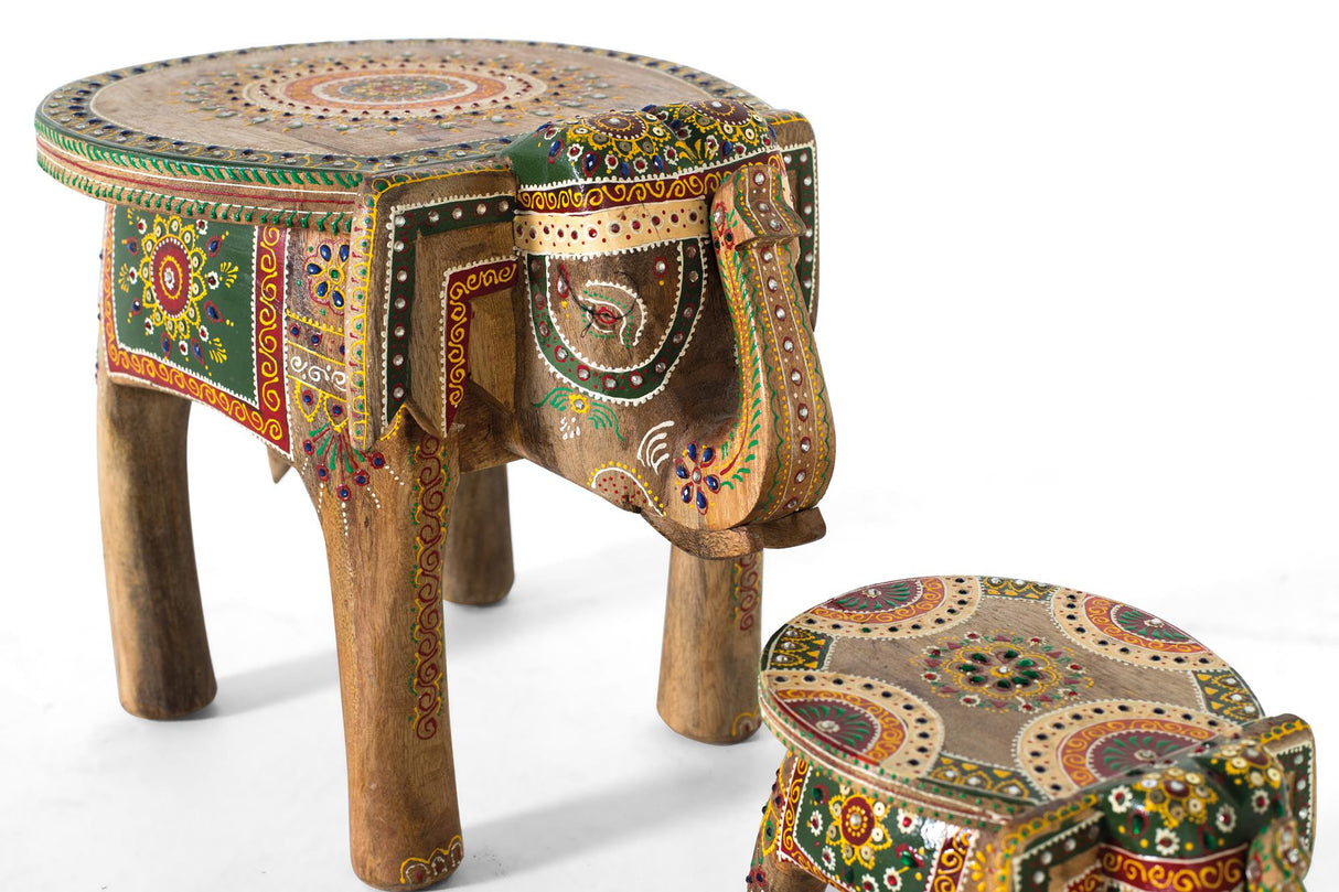 Set 2 Mese de Cafea Forma Elefant din Lemn de Mango Pictate Manual Giner y Colomer