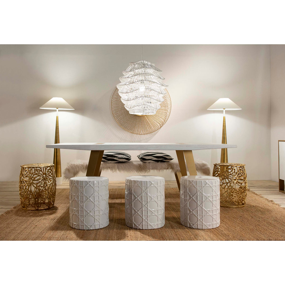 Masa de Dining din Lemn Alb cu Picioare din Metal Auriu Thai Natura