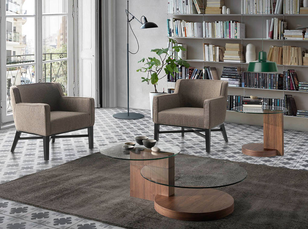 Masa de Cafea Rotunda cu Blaturi din Sticla si Nuc Angel Cerda