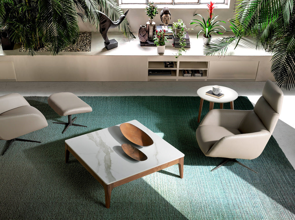 Masa de Cafea din Sticla Imitatie Marmura cu Baza din Lemn de Nuc Angel Cerda