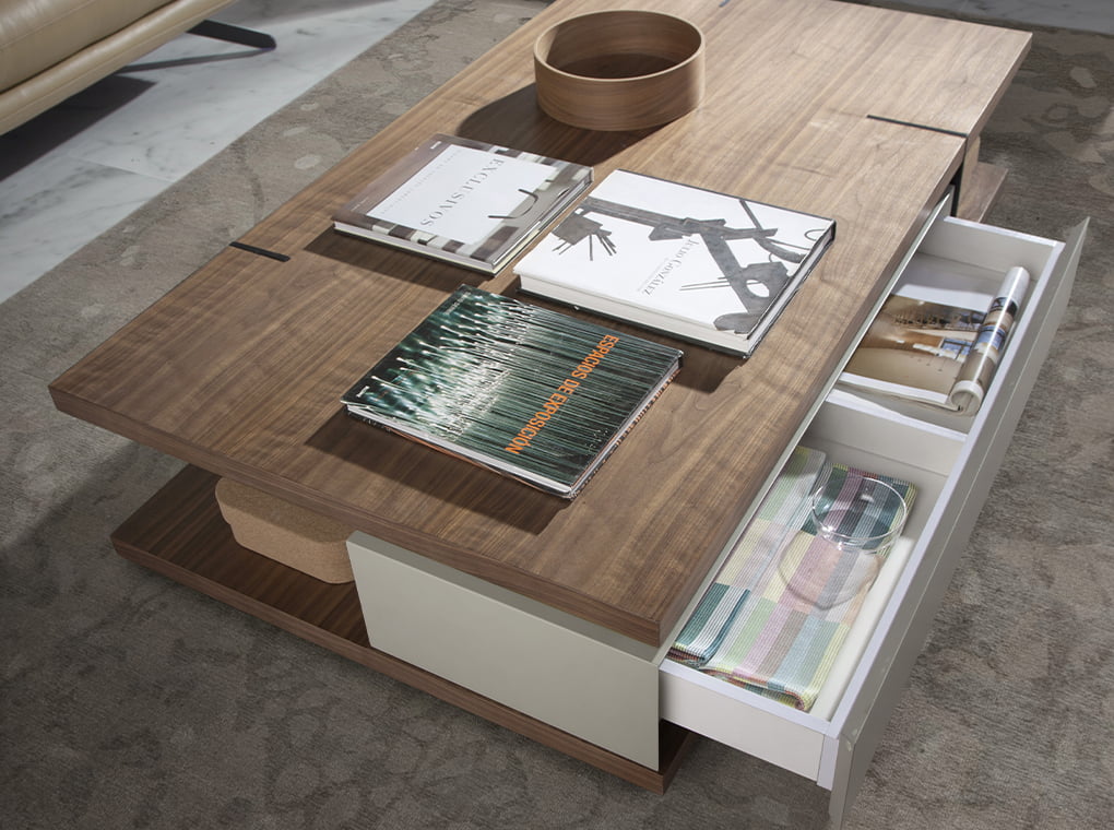 Masa de Cafea din Nuc cu Sertar Central si Structura Metalica Angel Cerda