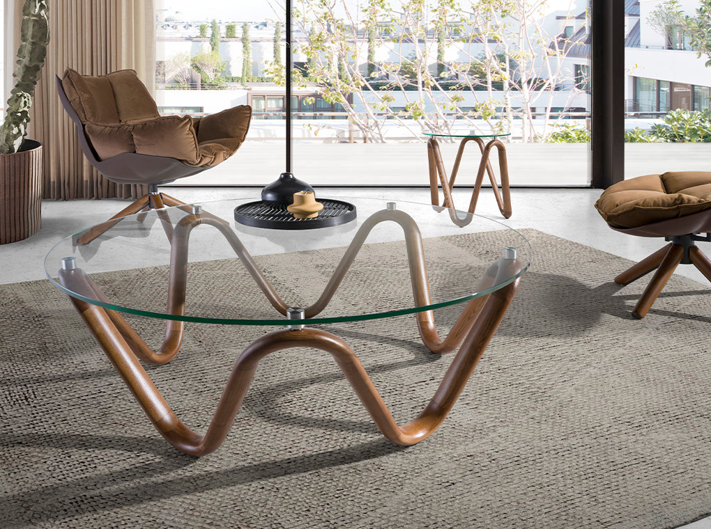 Masa de Cafea Rotunda din Sticla Temperata si Nuc Angel Cerda