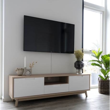 Comoda TV Copenhaga alb/natural cu picioare lemn natural House Nordic