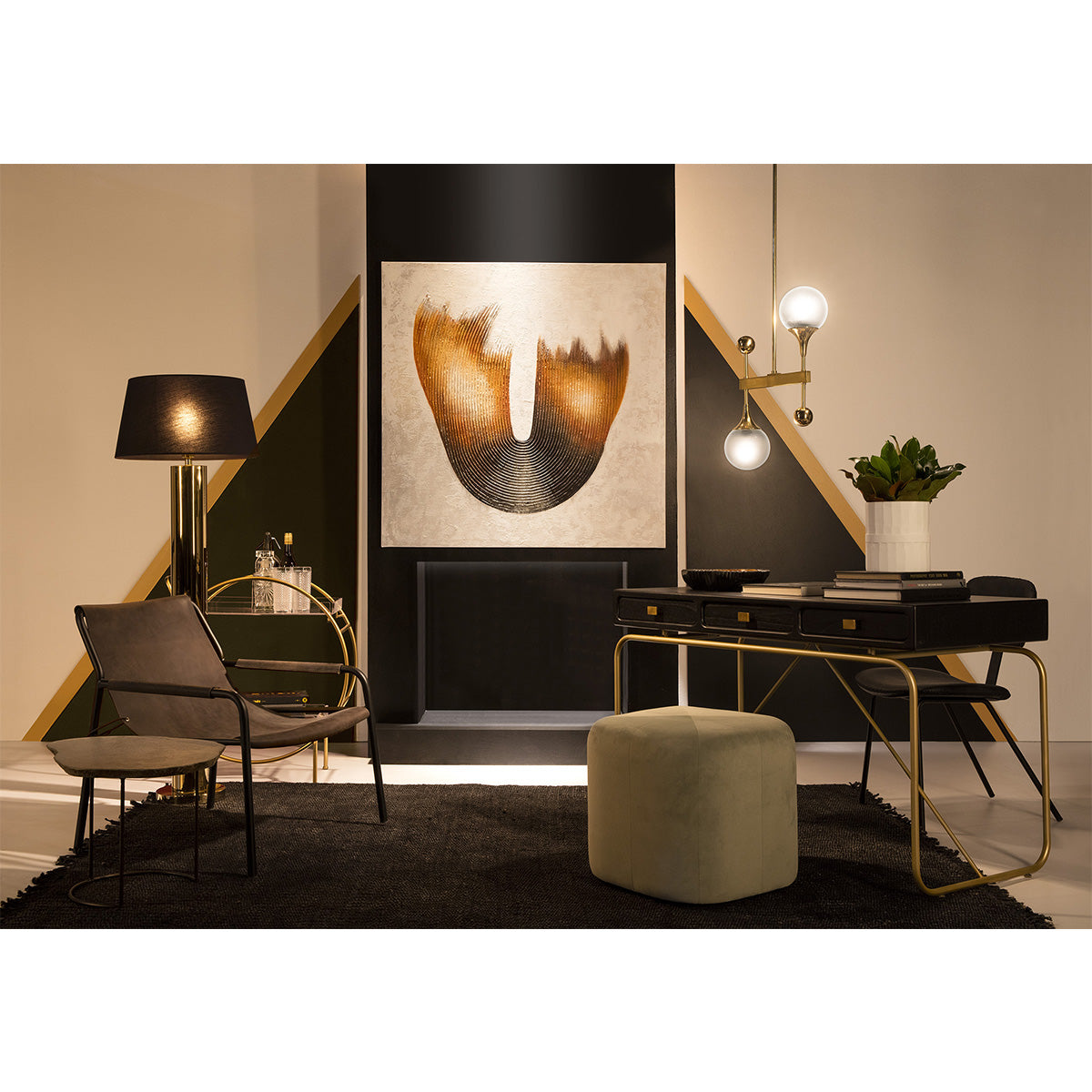 Birou din Lemn Negru cu Structura Metalica Aurie Thai Natura