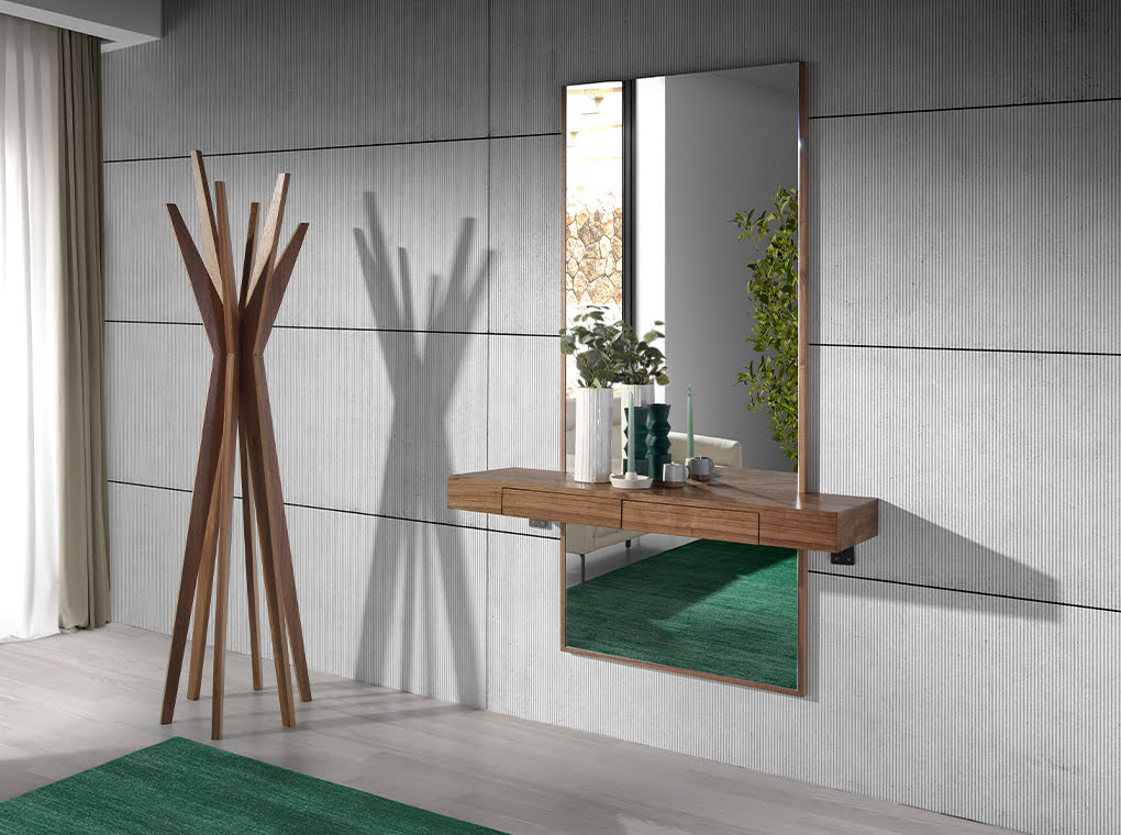 Oglindă de lux pentru hol cu mobilier integrat, furnir nuc natural și sertare soft-close 3235 Angel Cerdá