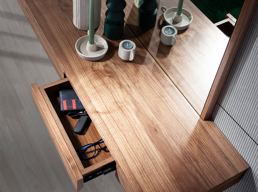 Oglindă de lux pentru hol cu mobilier integrat, furnir nuc natural și sertare soft-close 3235 Angel Cerdá