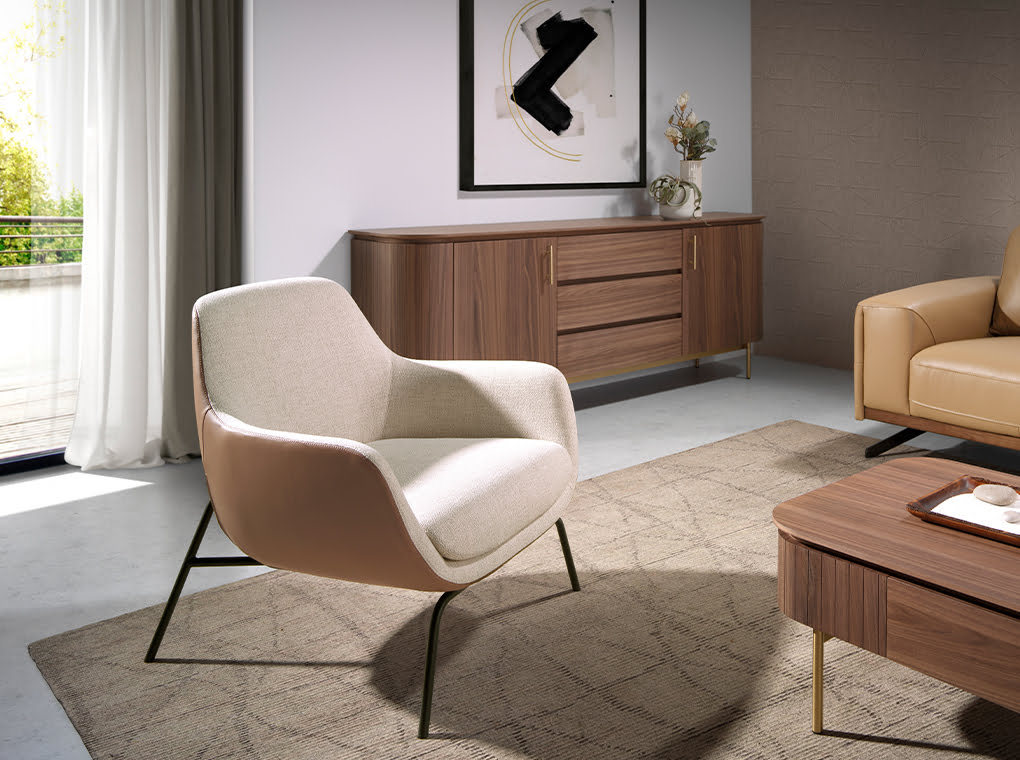 Fotoliu tapitat cu material textil si piele ecologica cu structura din otel negru Angel Cerda.