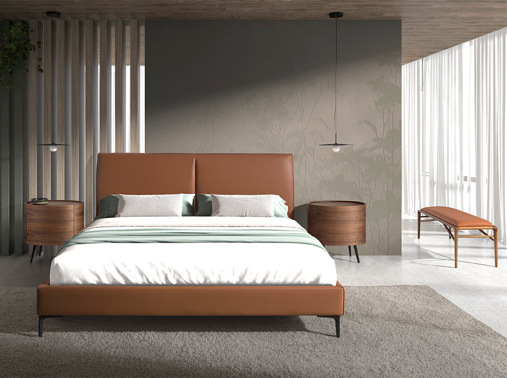 Bancheta din Piele Maro cu Picioare din Lemn de Nuc Angel Cerda