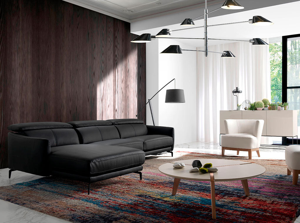 Canapeaua Colt Dreapta cu sezlong din piele neagra de bovina Angel Cerda