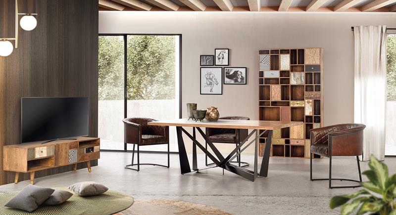 Comoda TV din Lemn de Mango cu Detalii din Bronz si Piele Giner y Colomer