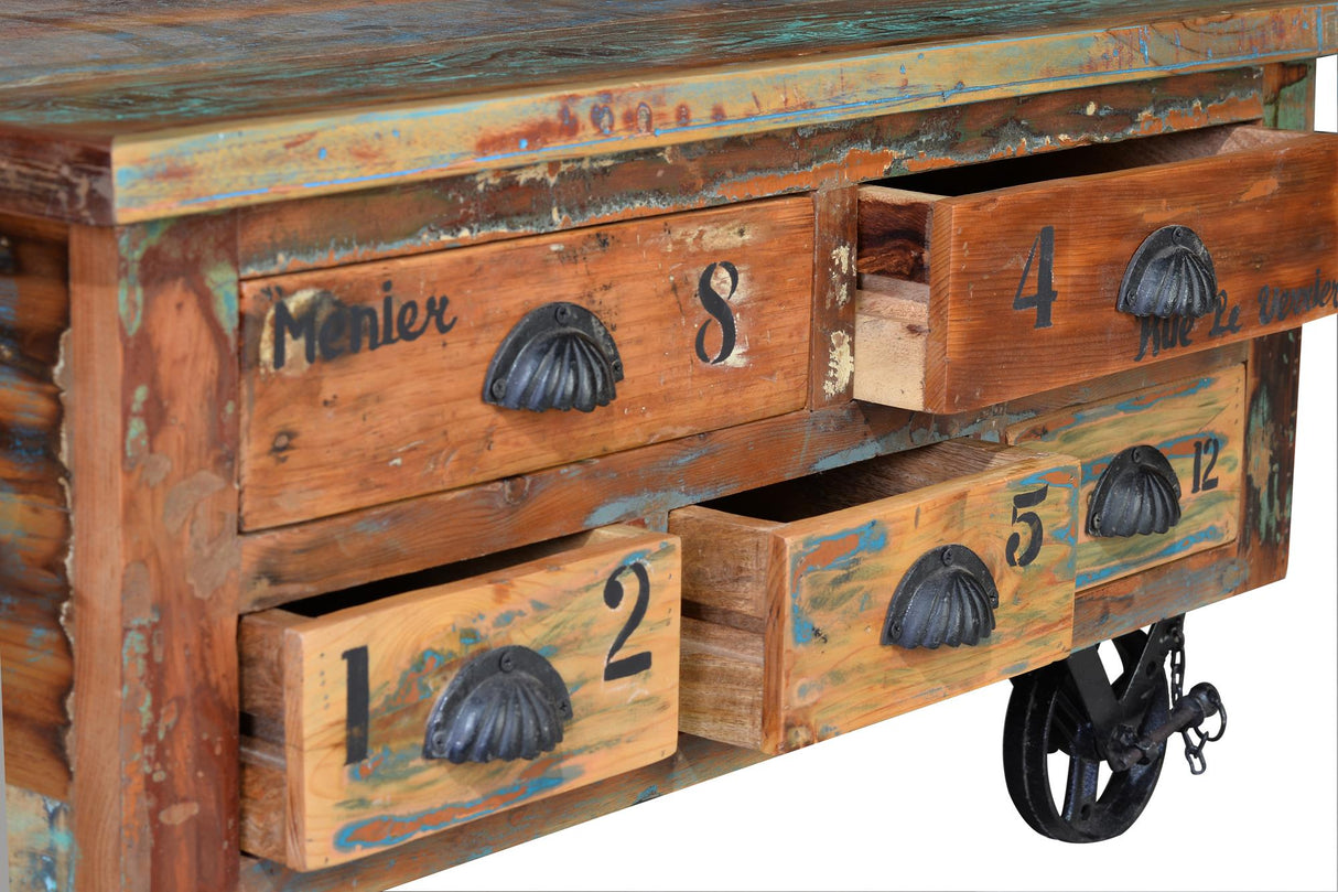 Masa de Cafea din Lemn Reciclat cu Roti din Fier Giner y Colomer