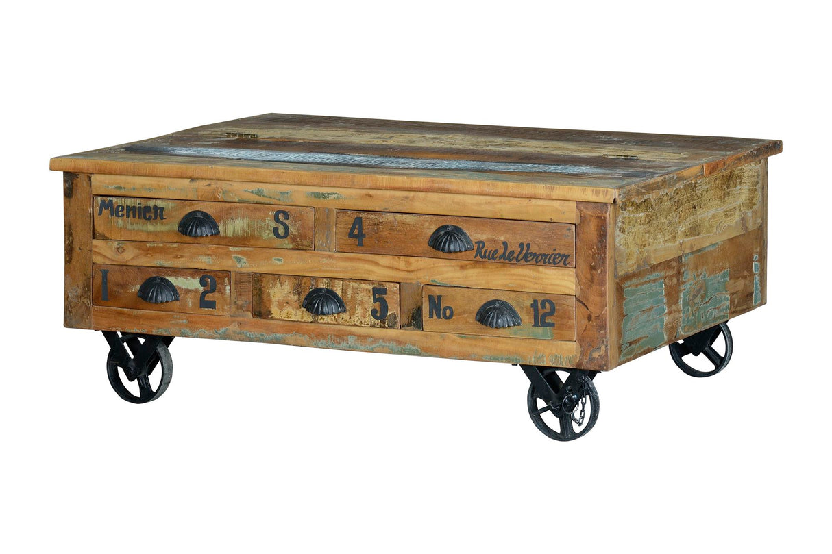 Masa de Cafea din Lemn Reciclat cu 5 Sertare si Depozitare Mare Giner y Colomer