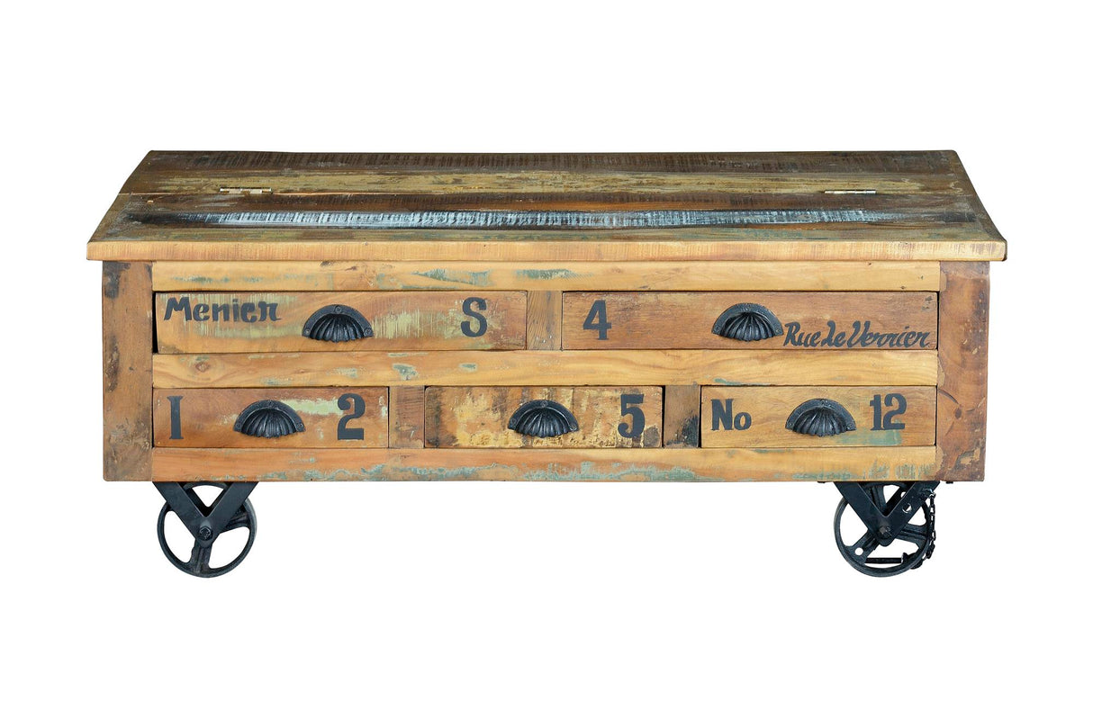 Masa de Cafea din Lemn Reciclat cu 5 Sertare si Depozitare Mare Giner y Colomer