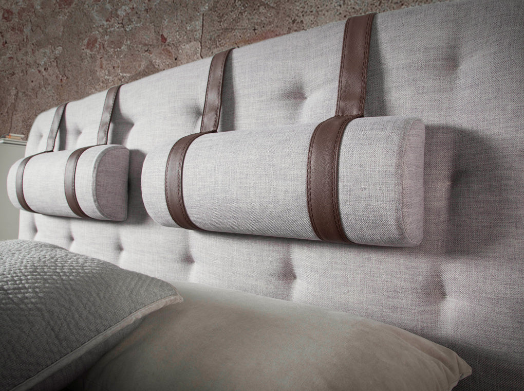 Pat Dublu Tapitat cu Stofa Gri si Tetiera din Piele Ecologica Angel Cerda