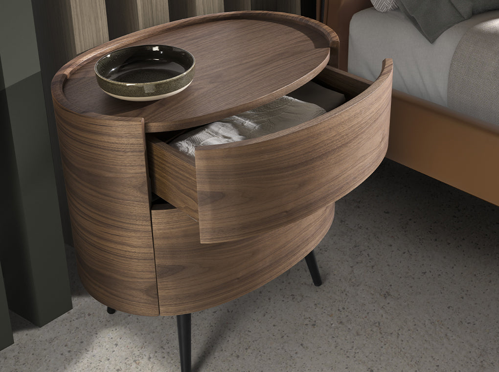 Noptiera Ovala din Nuc cu Picioare din Otel Inoxidabil Angel Cerda