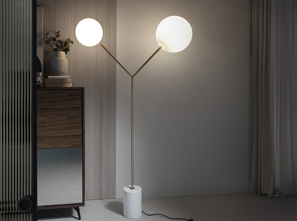 Lampadar din Marmura Alba si Otel Auriu cu Sticla Alba Angel Cerda