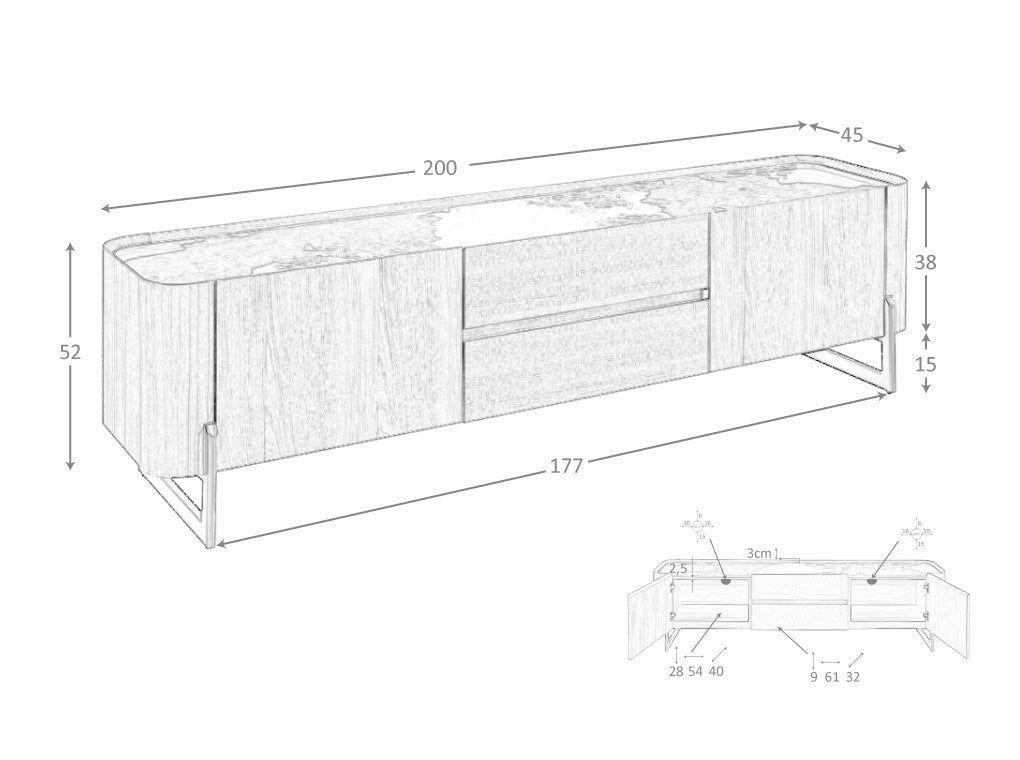 Comoda TV din Nuc si Otel Metalizat cu Blat de Marmura Portelanata Angel Cerda