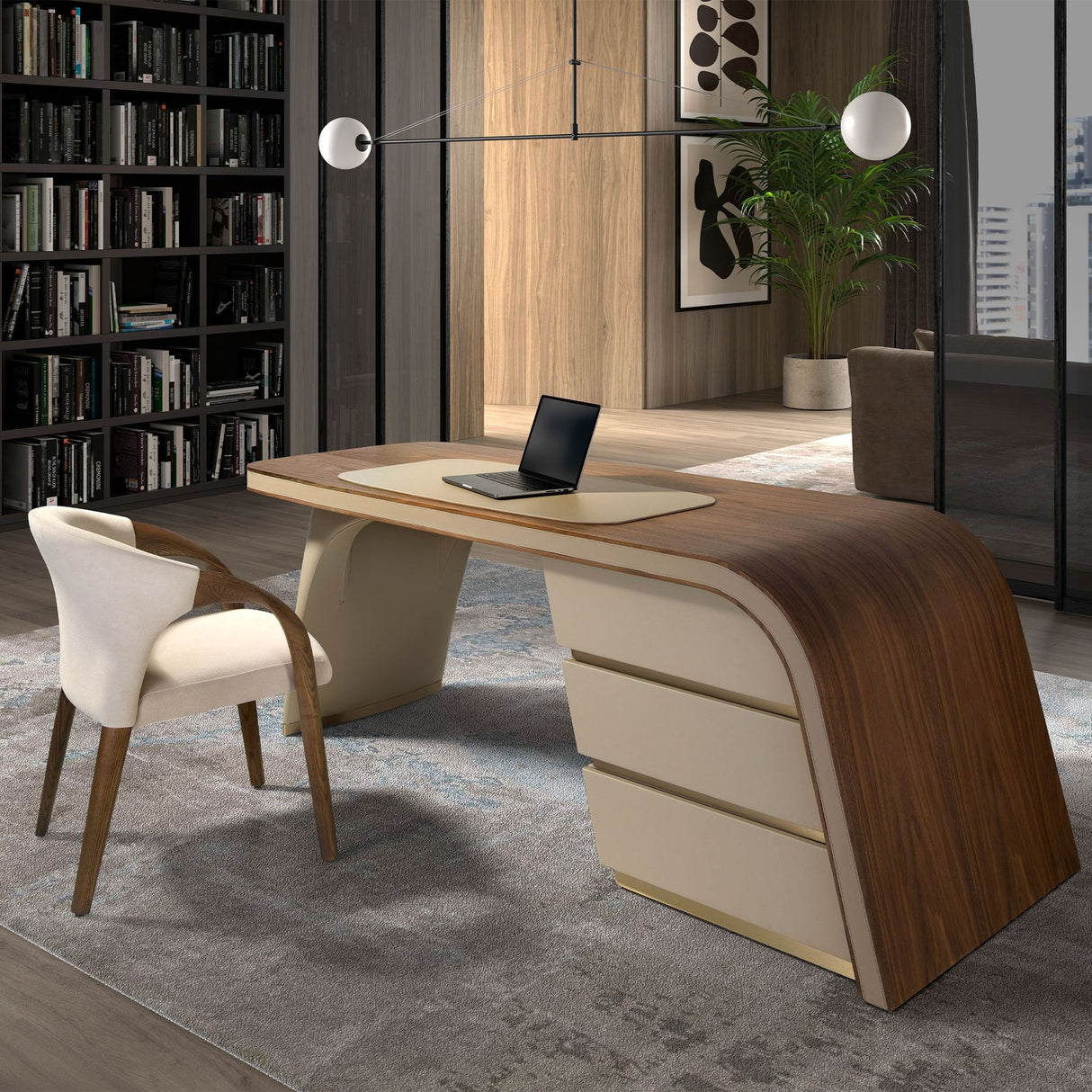 Birou din nuc și lemn tapițat cu piele crem Angel Cerda