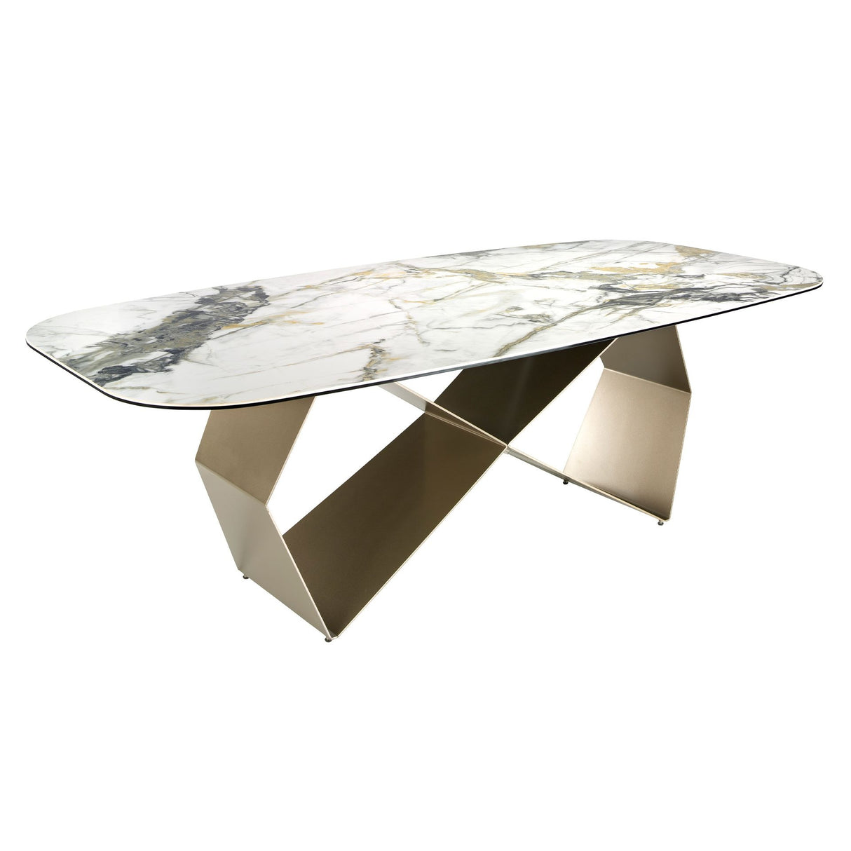 Masa de sufragerie dreptunghiulara din marmura portelan si otel de culoare sampanie Angel Cerda