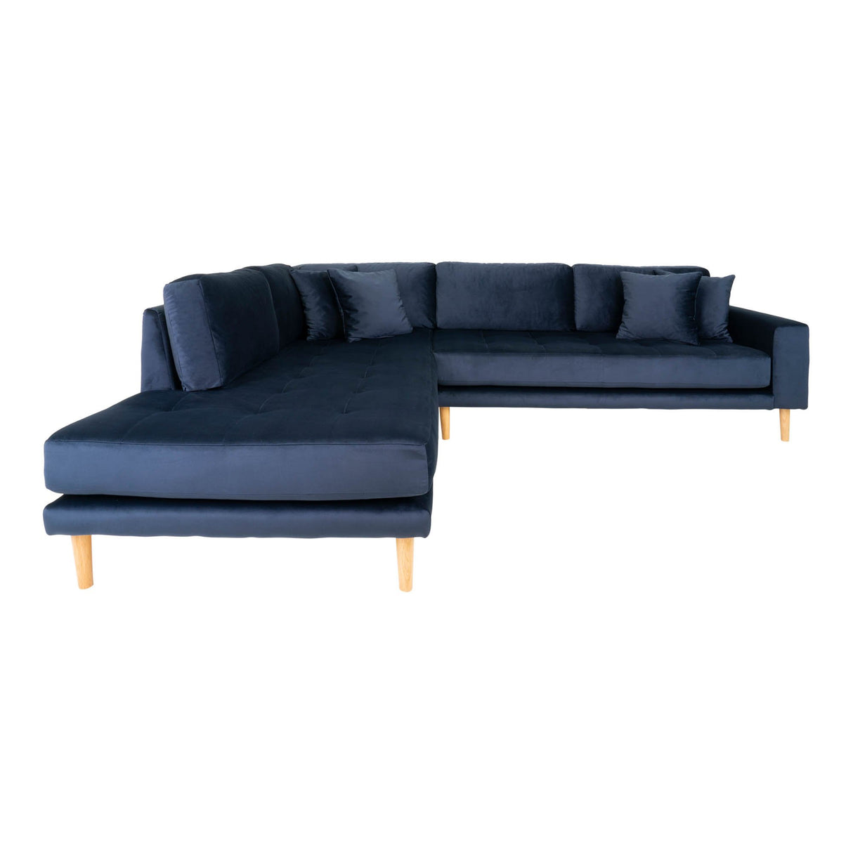 Canapea coltar Lido albastra cu patru perne si picioare din lemn natural House Nordic