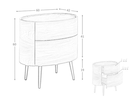 Noptiera Ovala din Nuc cu Picioare din Otel Inoxidabil Angel Cerda